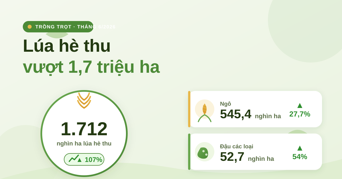 Trồng trọt tháng 6/2026: Lúa hè thu vượt 1,7 triệu ha