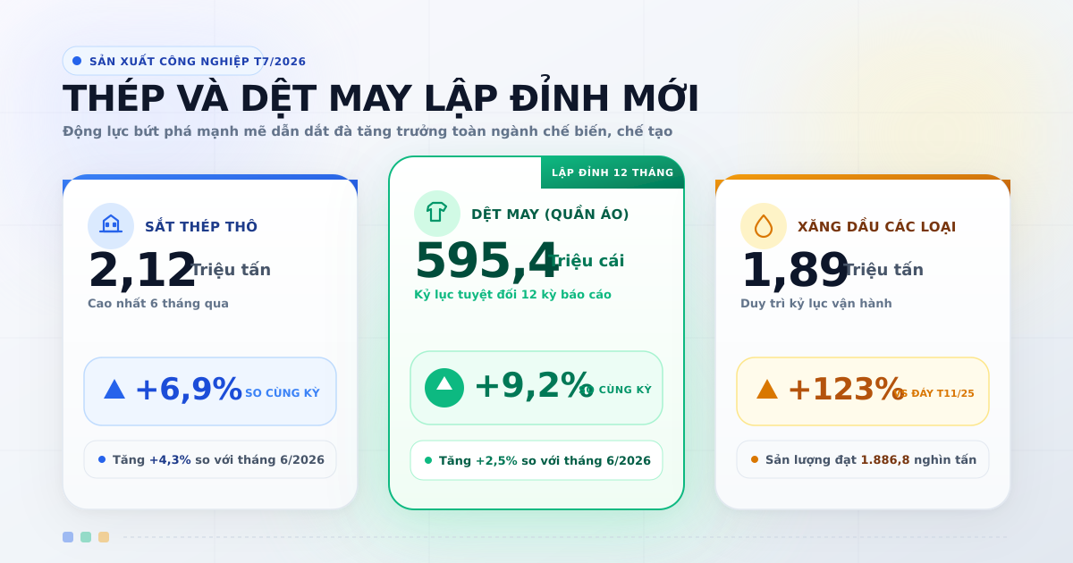Sản xuất công nghiệp tháng 7/2026: Thép và dệt may bứt phá