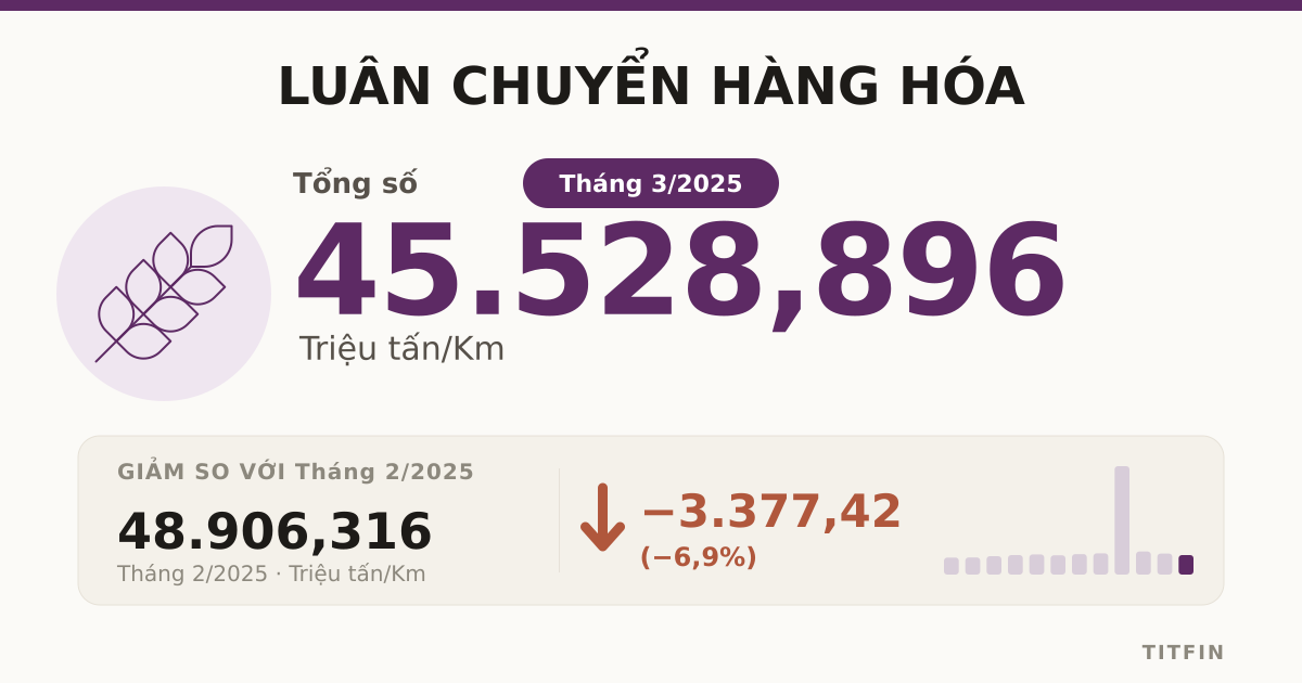 Luân chuyển hàng hóa tháng 3/2025: Đạt hơn 45.500 triệu tấn.km